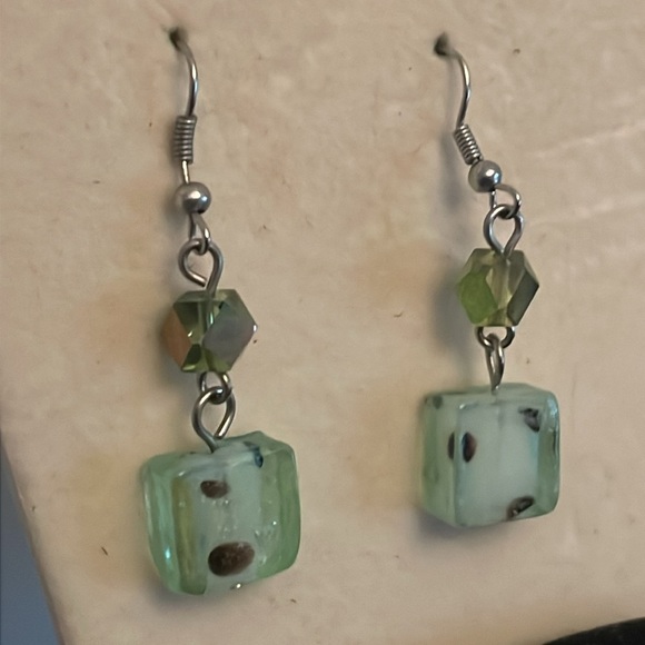 2” silver tone dangle drop earrings with teal green resin dice dangles on wires - Picture 6 of 12